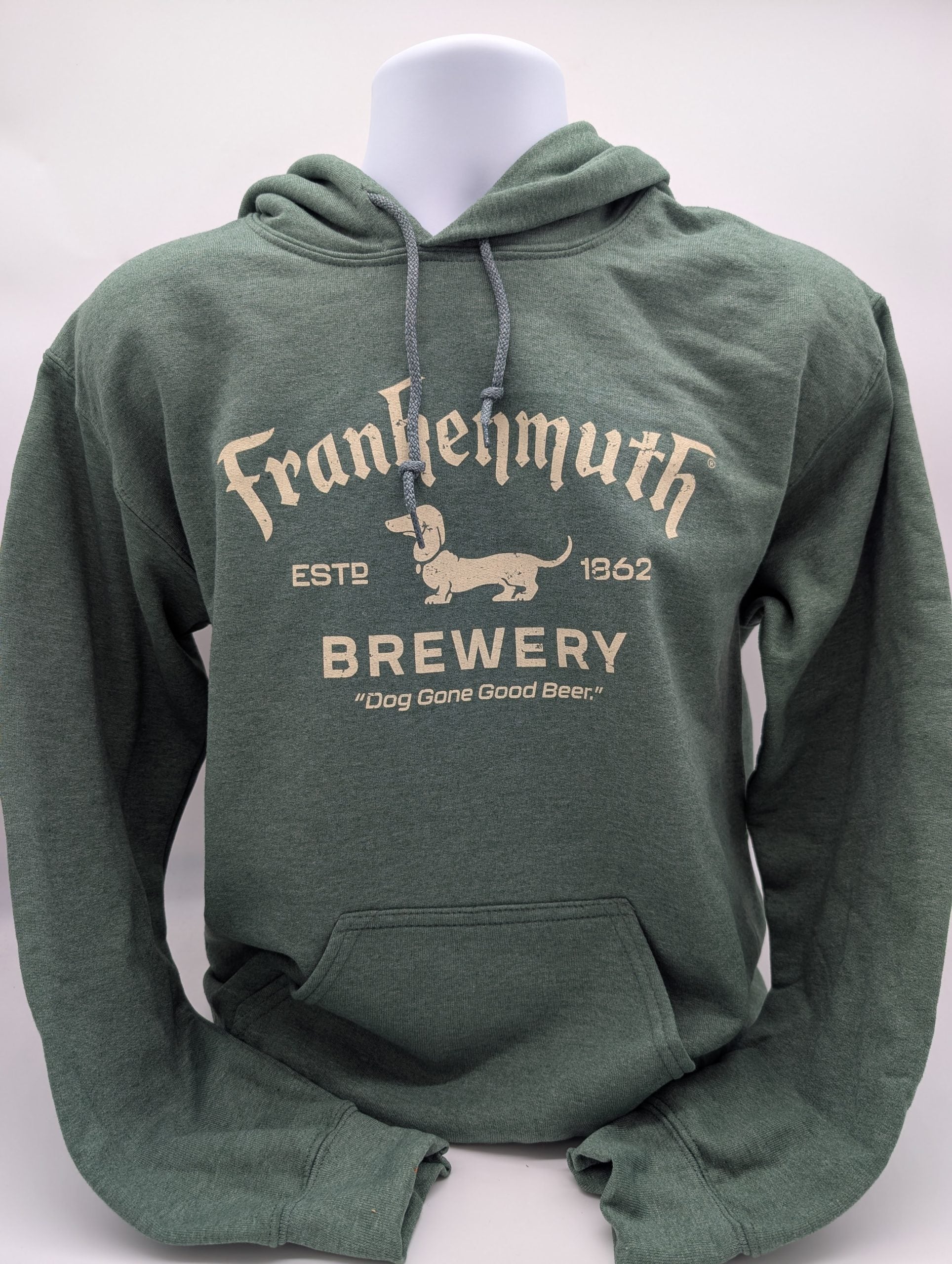 Heathered Dark Green Hoodie – Distressed White Logo